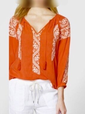 hinge Orange Embroidered V-Neck Peasant Blouse